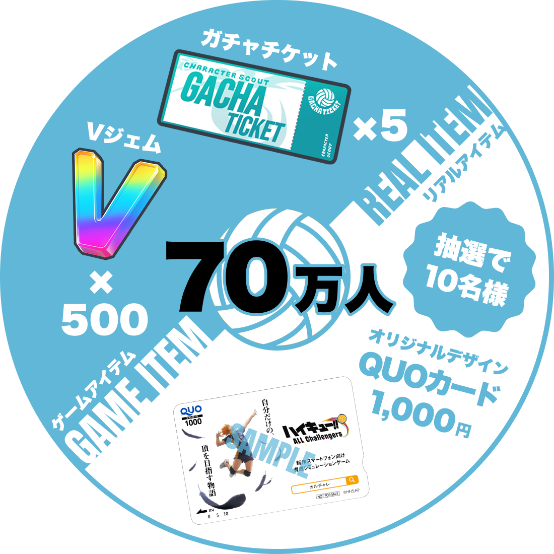 【70万人】ゲームアイテム Vジェムx500 ガチャチケットx5/リアルアイテム オリジナルデザインQUOカード（抽選で10名様）