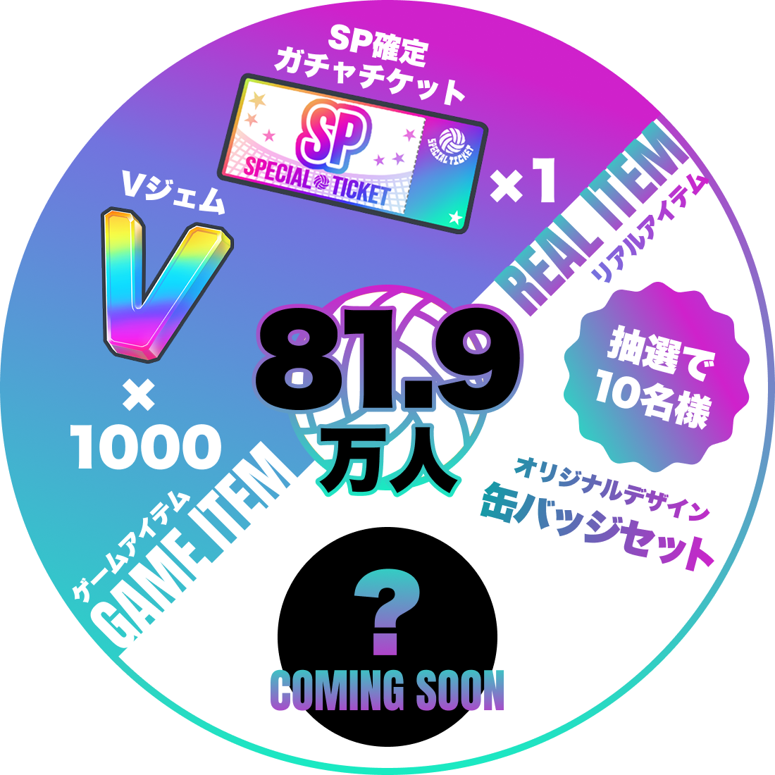 【81.9万人】ゲームアイテム Vジェムx1000 SP限定ガチャチケットx1/リアルアイテム オリジナルデザイン缶バッジセット（抽選で10名様）